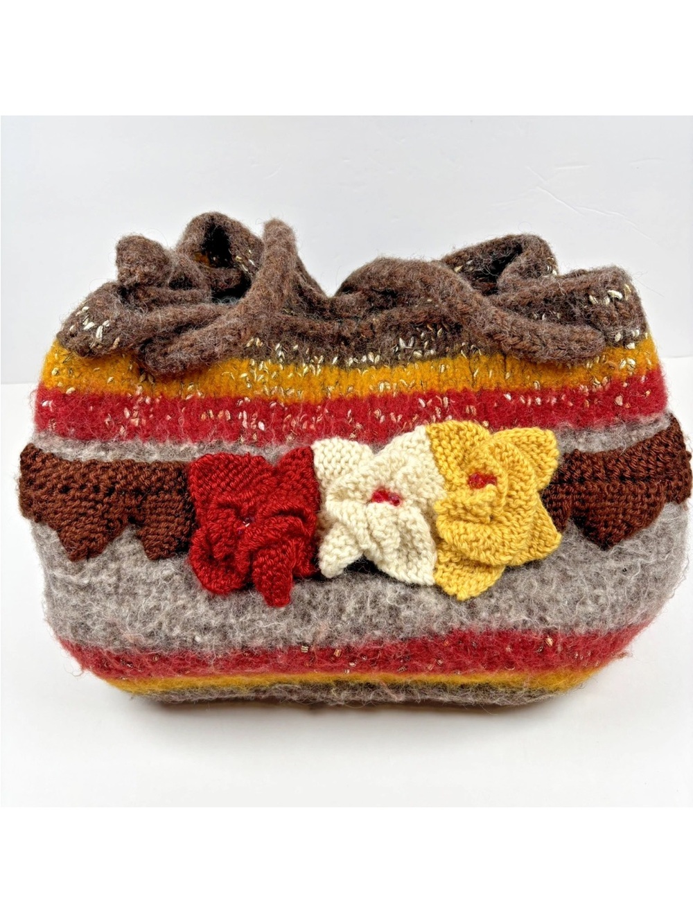 Handmade Crocheted Wool Felted Shoulder Bag Purse Earth Tones Stripes Boho Fall